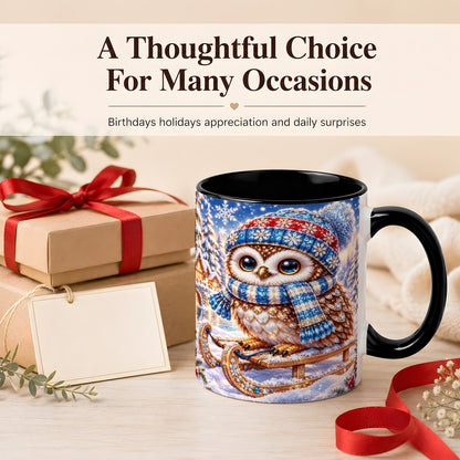 #pl[11oz|Black] Ornate Winter Owl Coffee Mug, Snowy Sled Owl Mug, Ceramic Cup