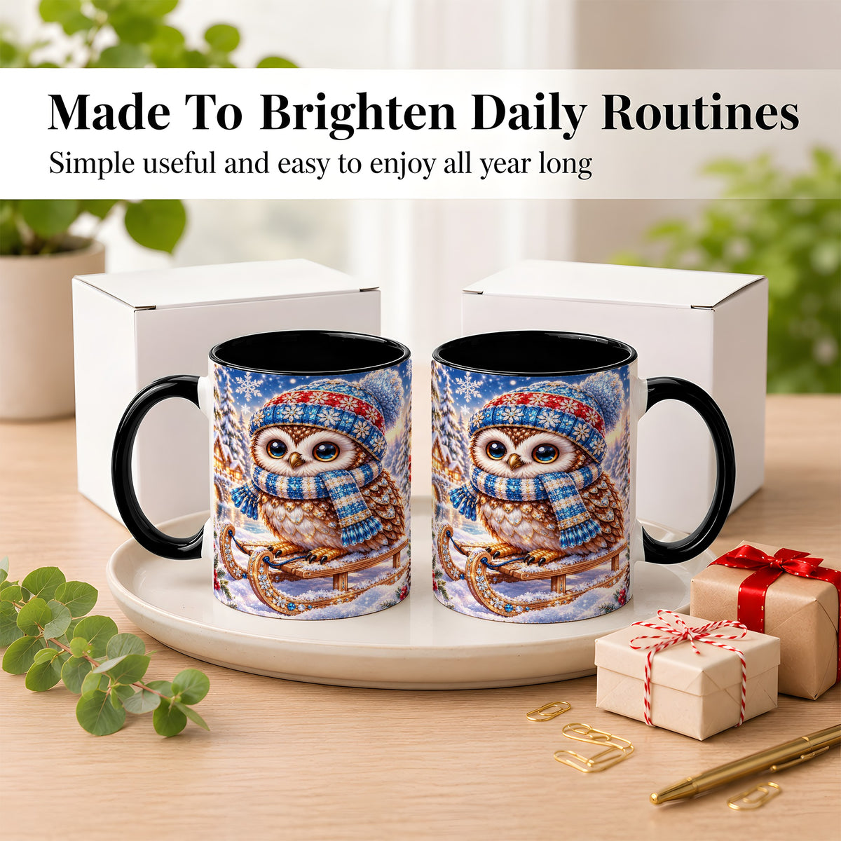 #pl[11oz|Black] Ornate Winter Owl Coffee Mug, Snowy Sled Owl Mug, Ceramic Cup