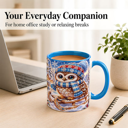 #pl[11oz|Blue] Ornate Winter Owl Coffee Mug, Snowy Sled Owl Mug, Ceramic Cup