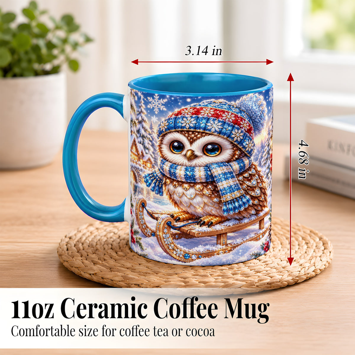#pl[11oz|Blue] Ornate Winter Owl Coffee Mug, Snowy Sled Owl Mug, Ceramic Cup