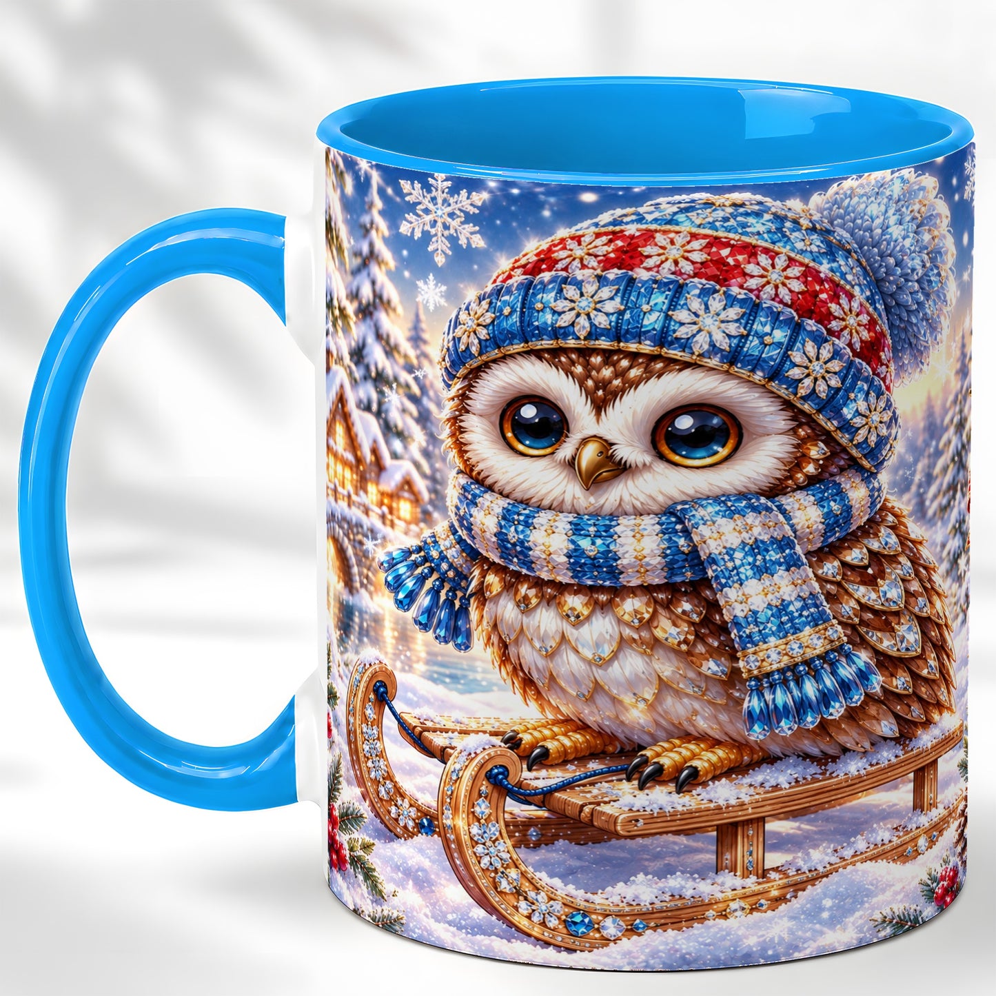 #pl[11oz|Blue] Ornate Winter Owl Coffee Mug, Snowy Sled Owl Mug, Ceramic Cup