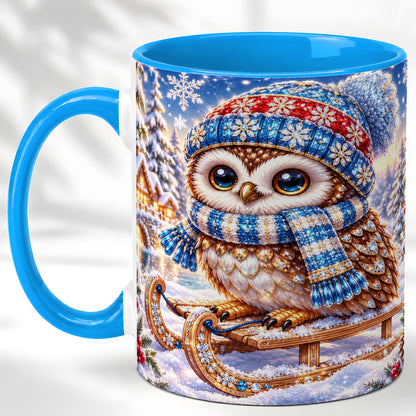 #pl[11oz|Blue] Ornate Winter Owl Coffee Mug, Snowy Sled Owl Mug, Ceramic Cup
