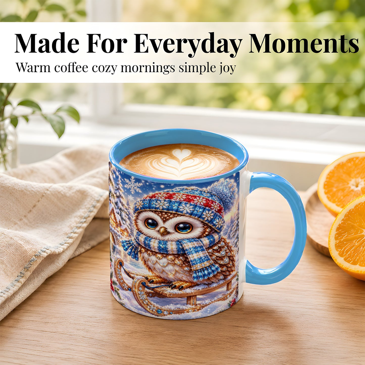 #pl[11oz|Blue] Ornate Winter Owl Coffee Mug, Snowy Sled Owl Mug, Ceramic Cup