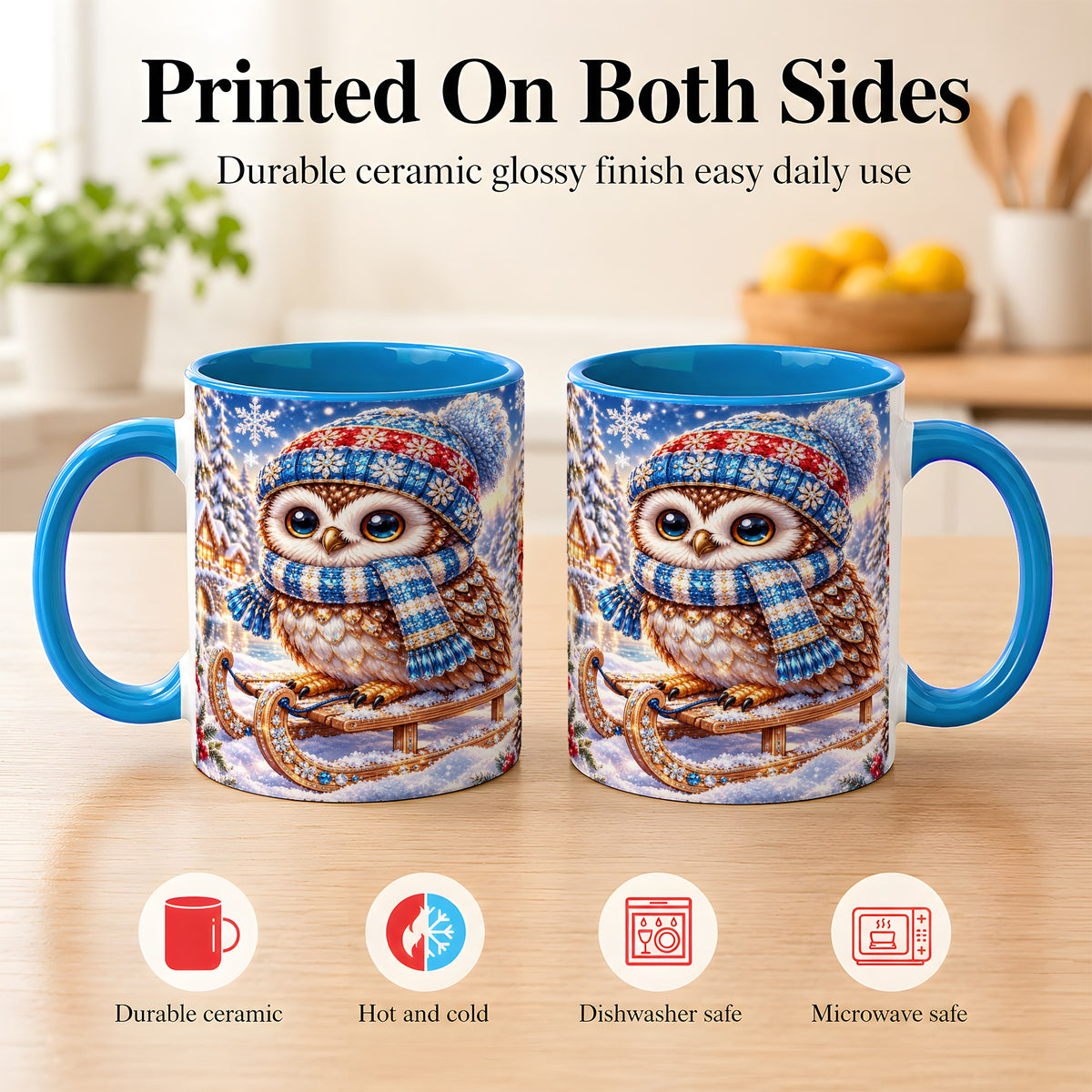 #pl[11oz|Blue] Ornate Winter Owl Coffee Mug, Snowy Sled Owl Mug, Ceramic Cup