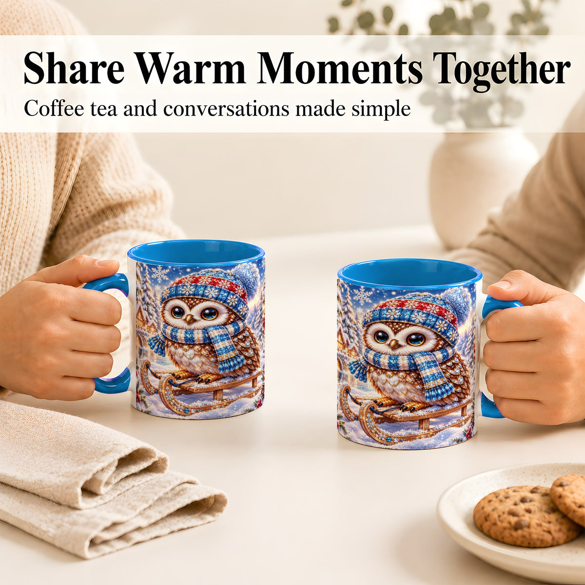 #pl[11oz|Blue] Ornate Winter Owl Coffee Mug, Snowy Sled Owl Mug, Ceramic Cup