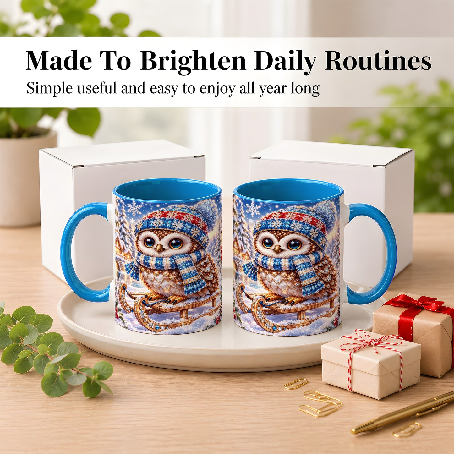 #pl[11oz|Blue] Ornate Winter Owl Coffee Mug, Snowy Sled Owl Mug, Ceramic Cup