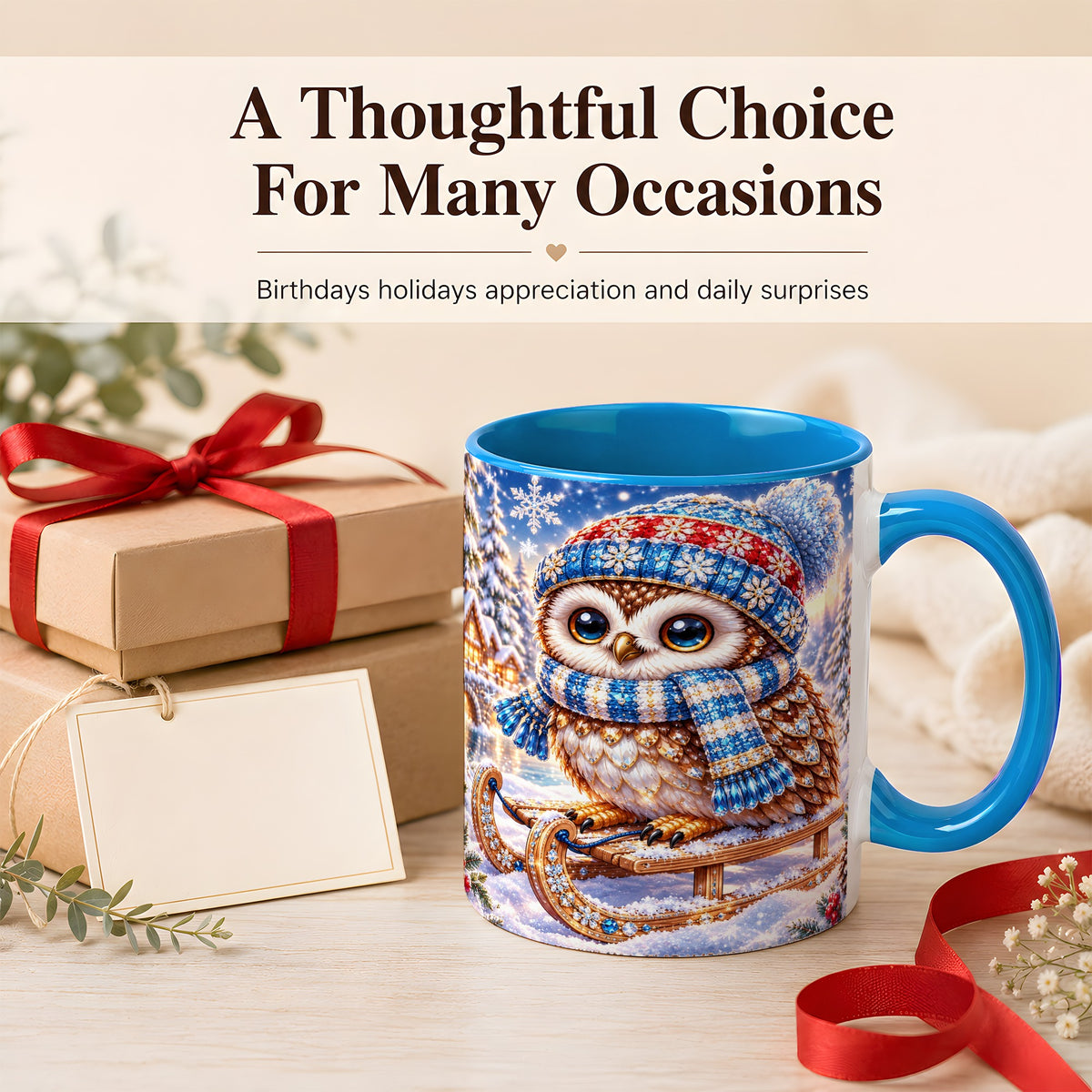 #pl[11oz|Blue] Ornate Winter Owl Coffee Mug, Snowy Sled Owl Mug, Ceramic Cup