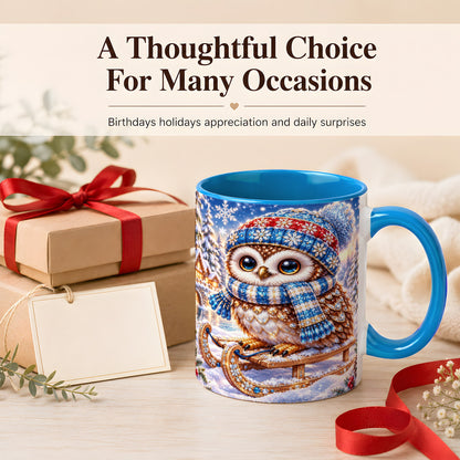 #pl[11oz|Blue] Ornate Winter Owl Coffee Mug, Snowy Sled Owl Mug, Ceramic Cup