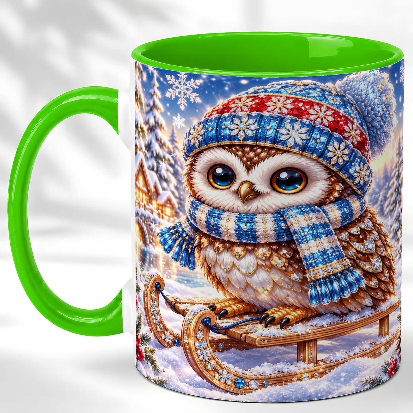 #pl[11oz|Green] Ornate Winter Owl Coffee Mug, Snowy Sled Owl Mug, Ceramic Cup