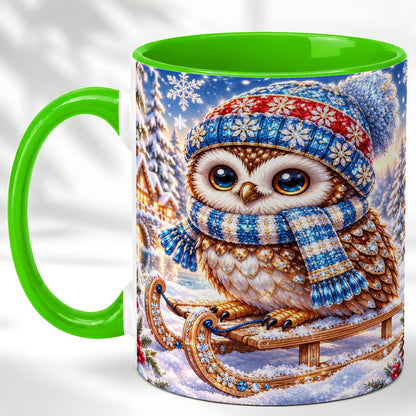 #pl[11oz|Green] Ornate Winter Owl Coffee Mug, Snowy Sled Owl Mug, Ceramic Cup