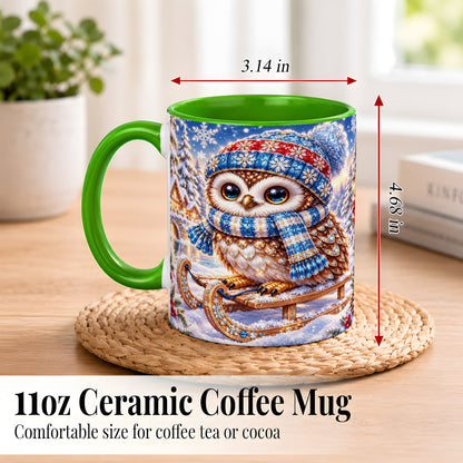 #pl[11oz|Green] Ornate Winter Owl Coffee Mug, Snowy Sled Owl Mug, Ceramic Cup