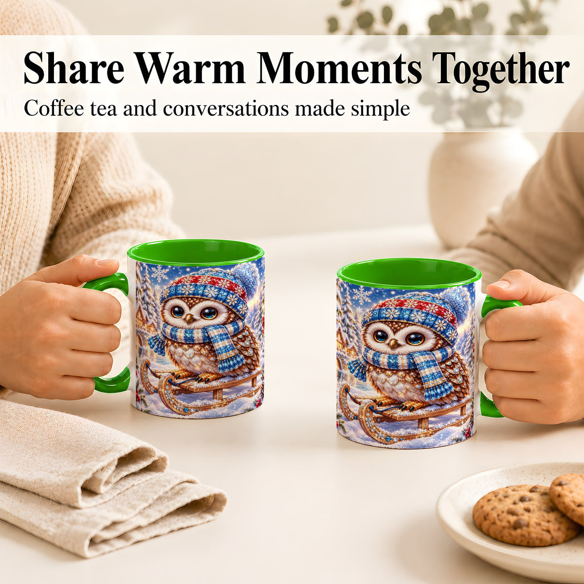 #pl[11oz|Green] Ornate Winter Owl Coffee Mug, Snowy Sled Owl Mug, Ceramic Cup
