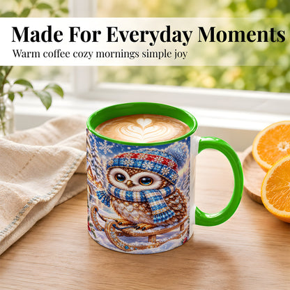 #pl[11oz|Green] Ornate Winter Owl Coffee Mug, Snowy Sled Owl Mug, Ceramic Cup