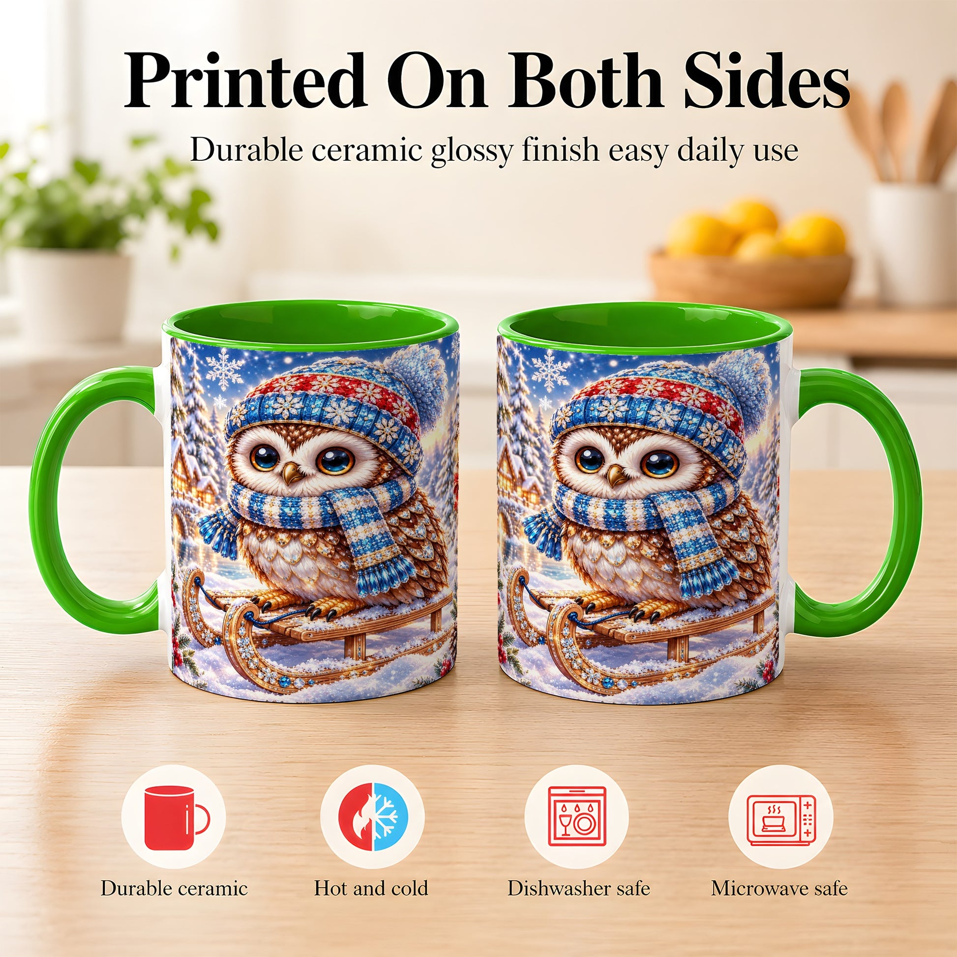 #pl[11oz|Green] Ornate Winter Owl Coffee Mug, Snowy Sled Owl Mug, Ceramic Cup