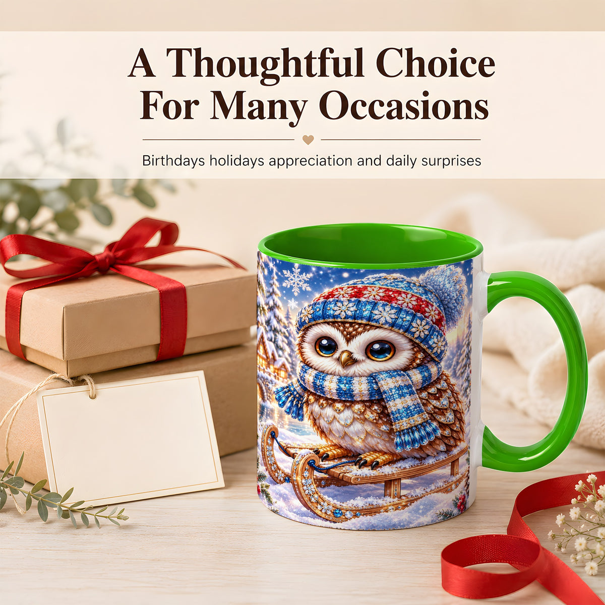 #pl[11oz|Green] Ornate Winter Owl Coffee Mug, Snowy Sled Owl Mug, Ceramic Cup