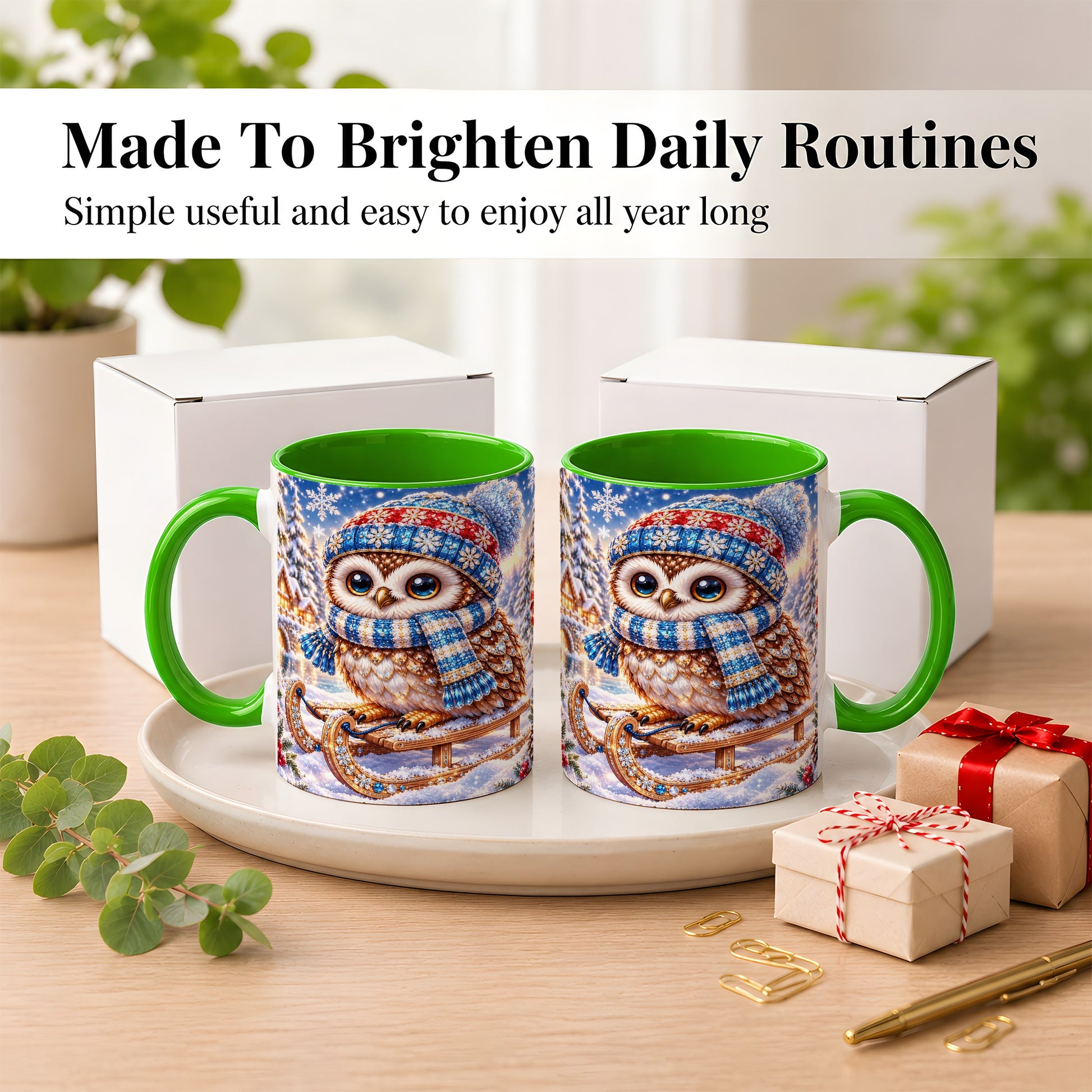 #pl[11oz|Green] Ornate Winter Owl Coffee Mug, Snowy Sled Owl Mug, Ceramic Cup
