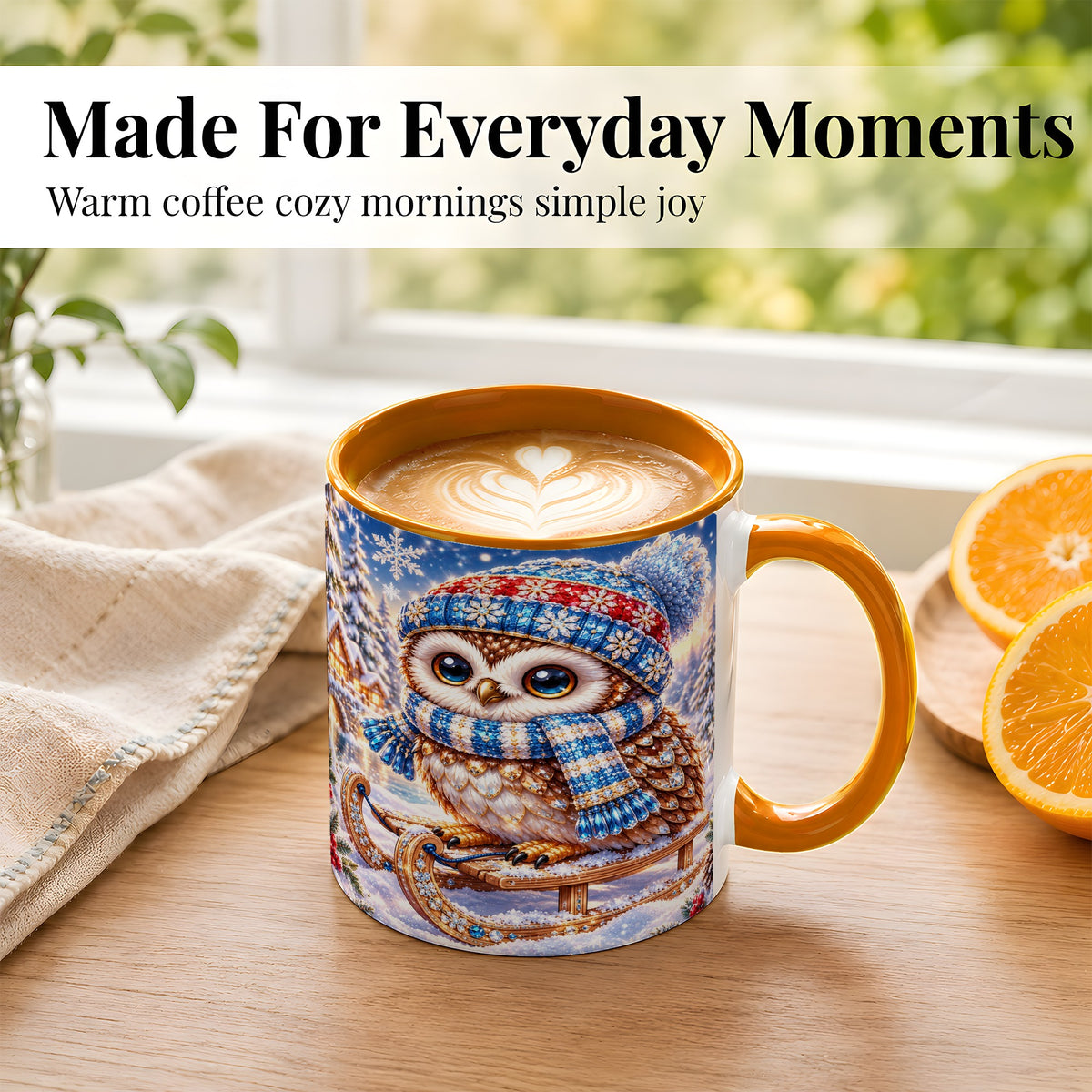 #pl[11oz|Orange] Ornate Winter Owl Coffee Mug, Snowy Sled Owl Mug, Ceramic Cup