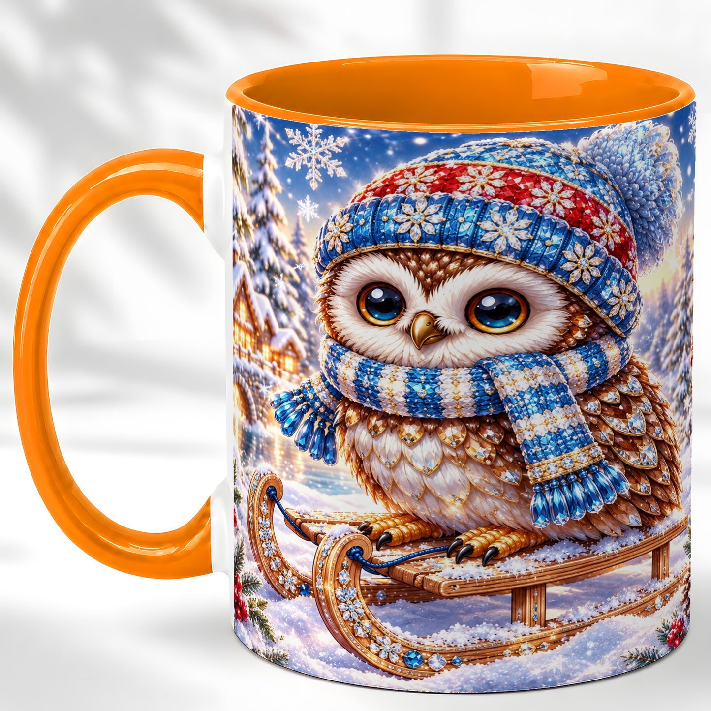 #pl[11oz|Orange] Ornate Winter Owl Coffee Mug, Snowy Sled Owl Mug, Ceramic Cup