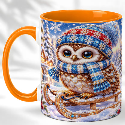 #pl[11oz|Orange] Ornate Winter Owl Coffee Mug, Snowy Sled Owl Mug, Ceramic Cup