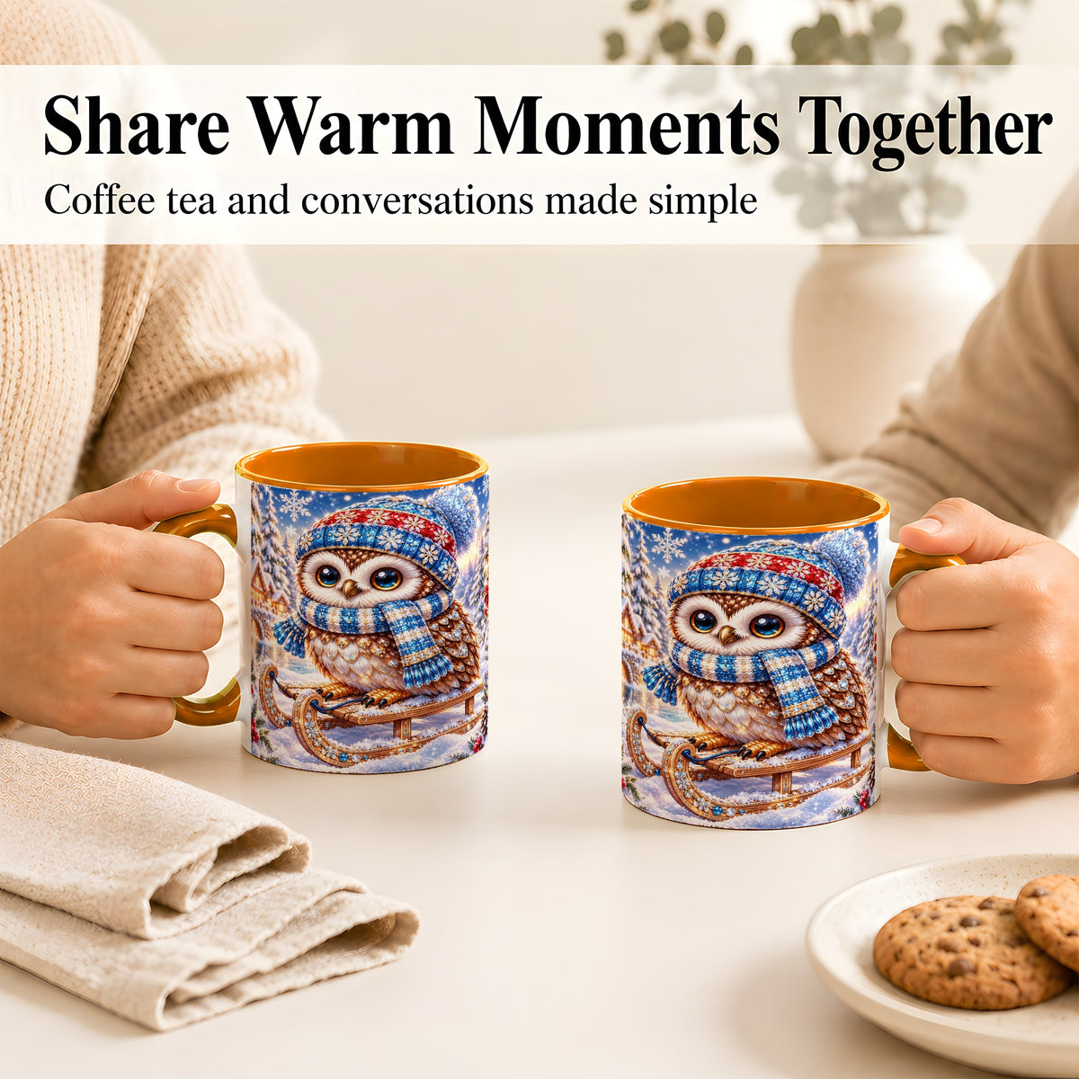 #pl[11oz|Orange] Ornate Winter Owl Coffee Mug, Snowy Sled Owl Mug, Ceramic Cup