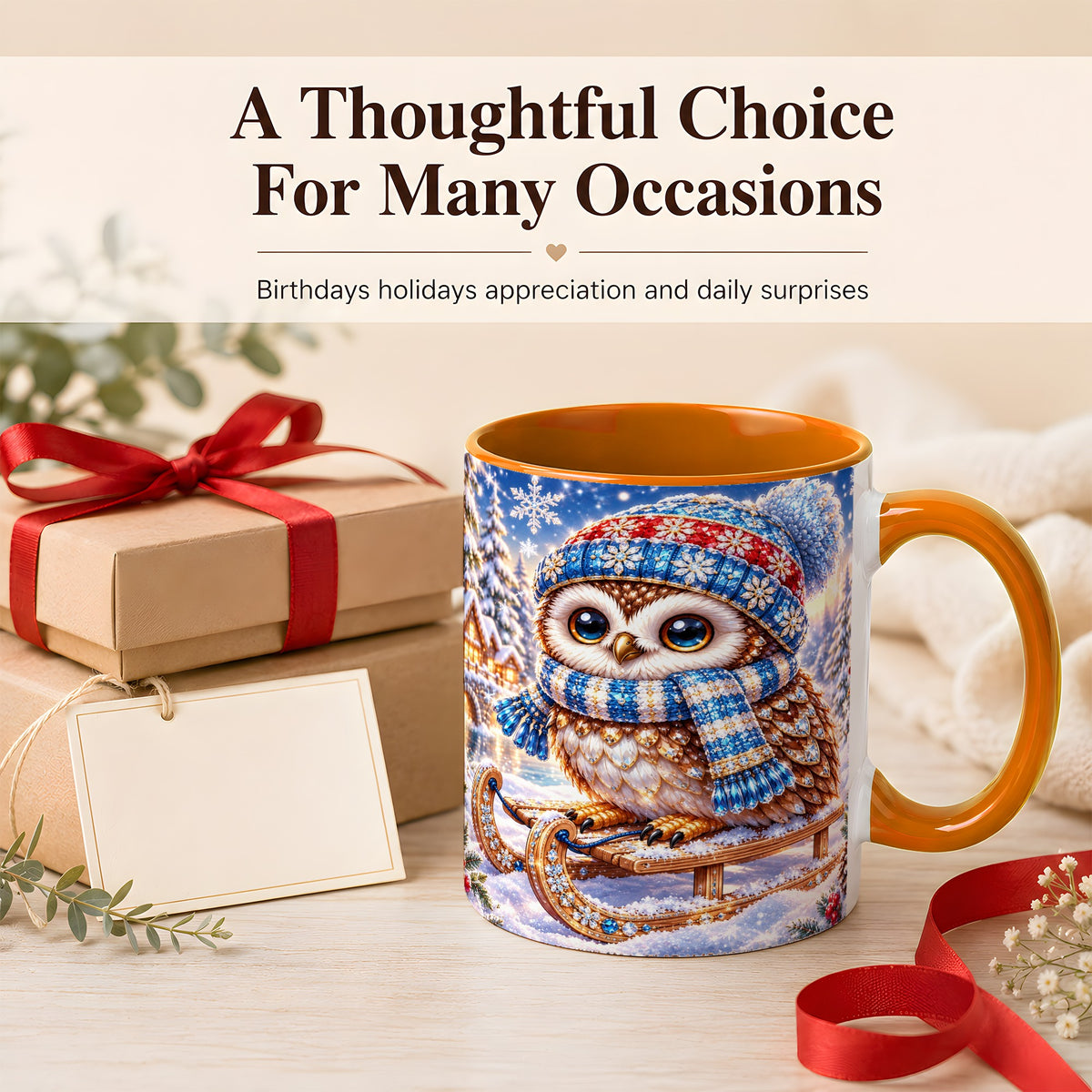 #pl[11oz|Orange] Ornate Winter Owl Coffee Mug, Snowy Sled Owl Mug, Ceramic Cup