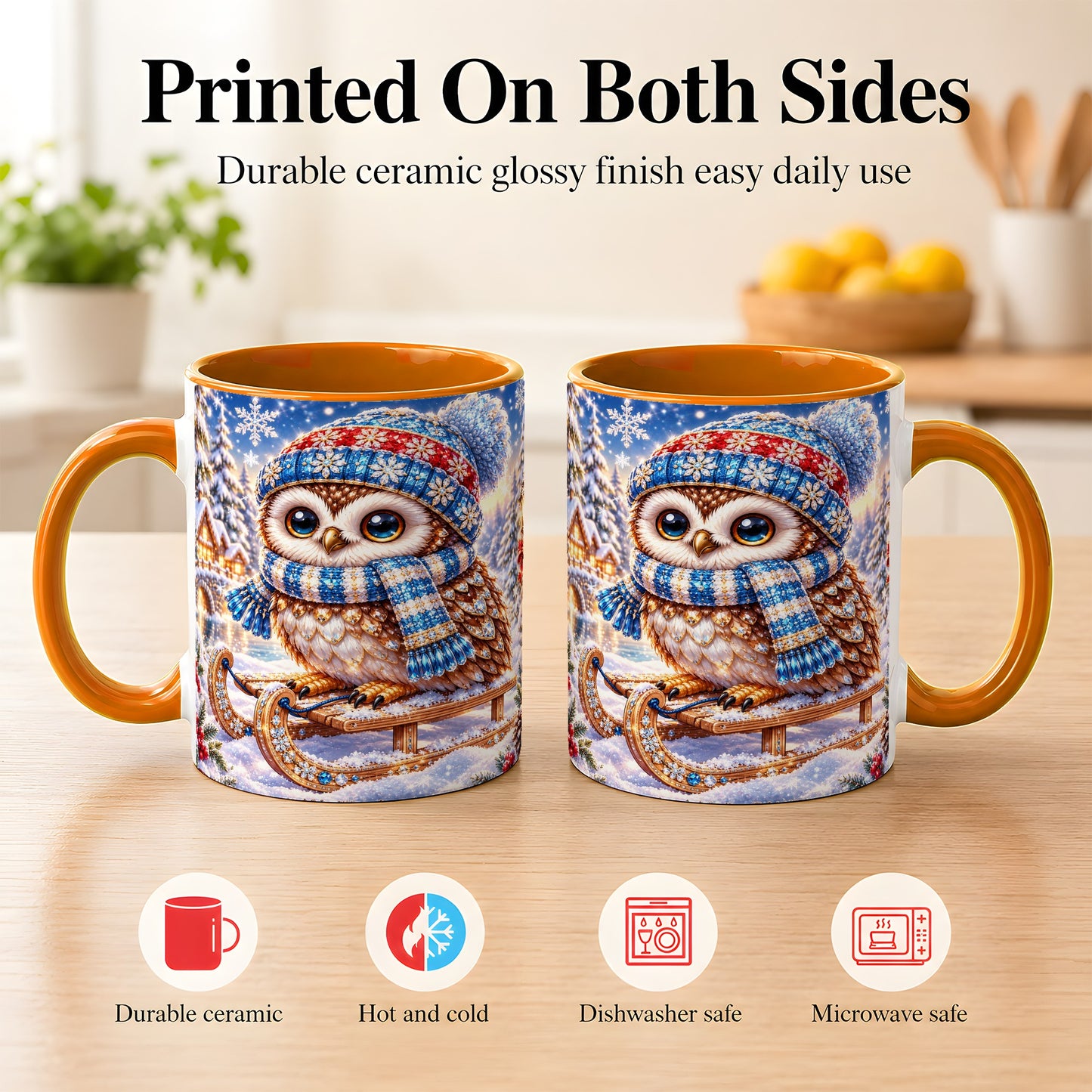 #pl[11oz|Orange] Ornate Winter Owl Coffee Mug, Snowy Sled Owl Mug, Ceramic Cup