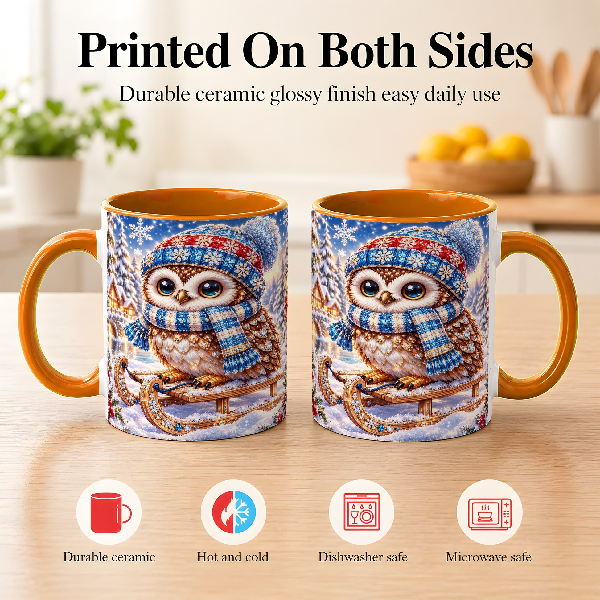 #pl[11oz|Orange] Ornate Winter Owl Coffee Mug, Snowy Sled Owl Mug, Ceramic Cup