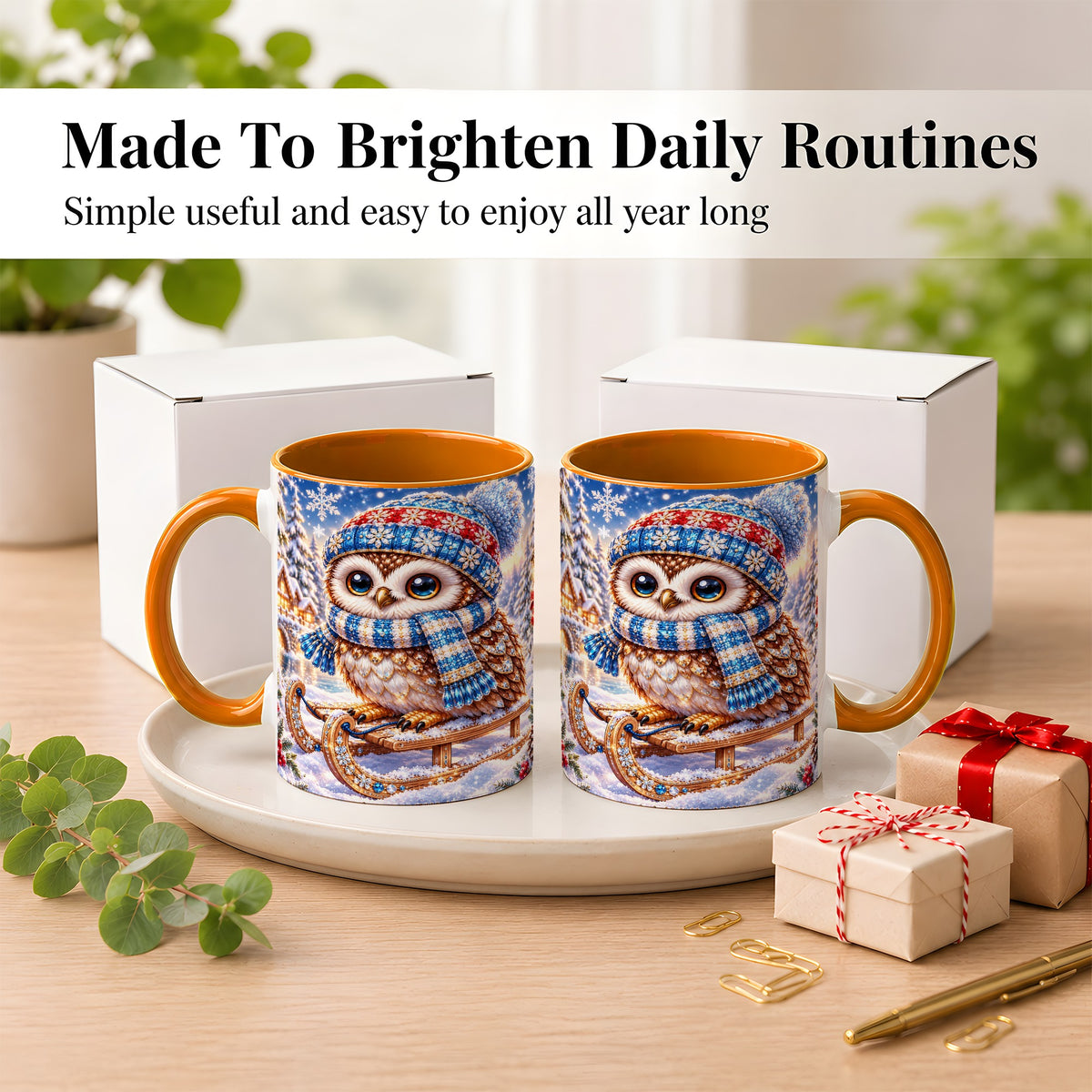 #pl[11oz|Orange] Ornate Winter Owl Coffee Mug, Snowy Sled Owl Mug, Ceramic Cup