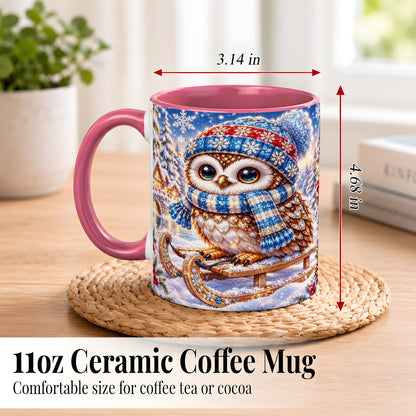 #pl[11oz|Pink] Ornate Winter Owl Coffee Mug, Snowy Sled Owl Mug, Ceramic Cup