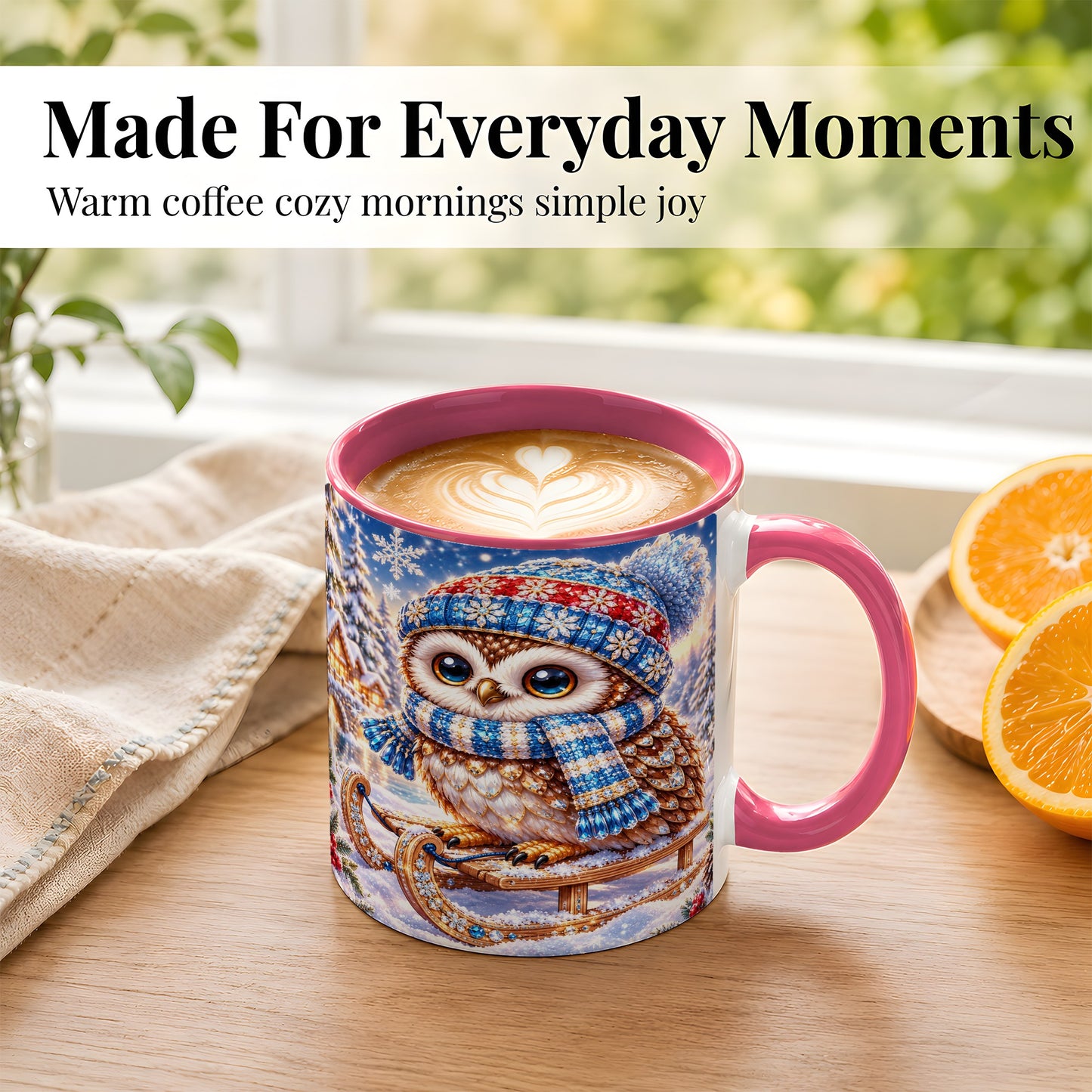 #pl[11oz|Pink] Ornate Winter Owl Coffee Mug, Snowy Sled Owl Mug, Ceramic Cup