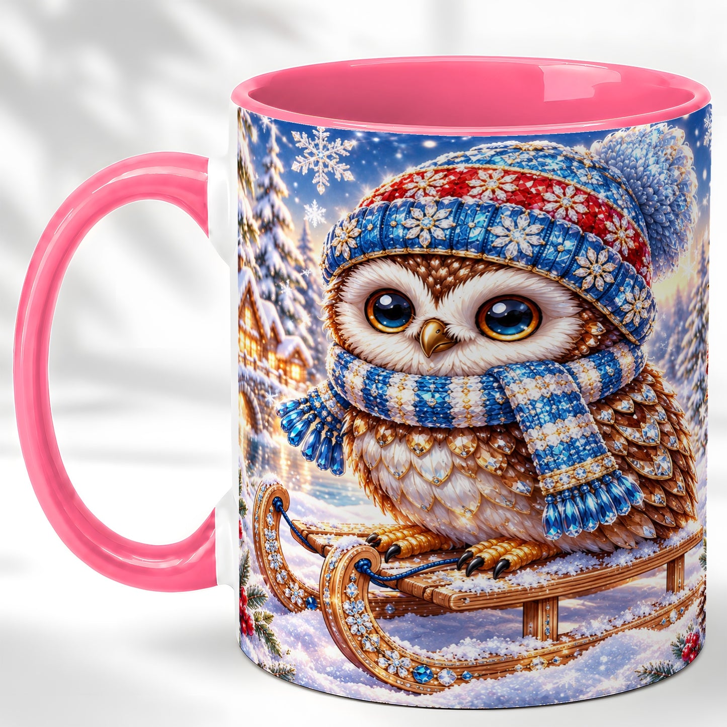 #pl[11oz|Pink] Ornate Winter Owl Coffee Mug, Snowy Sled Owl Mug, Ceramic Cup