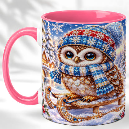 #pl[11oz|Pink] Ornate Winter Owl Coffee Mug, Snowy Sled Owl Mug, Ceramic Cup