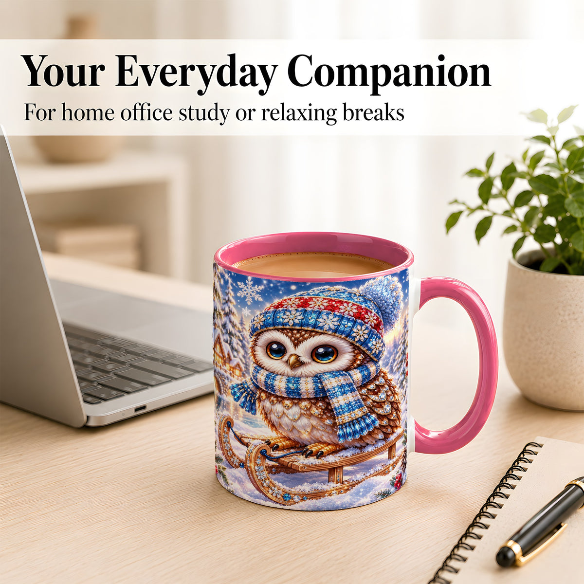 #pl[11oz|Pink] Ornate Winter Owl Coffee Mug, Snowy Sled Owl Mug, Ceramic Cup