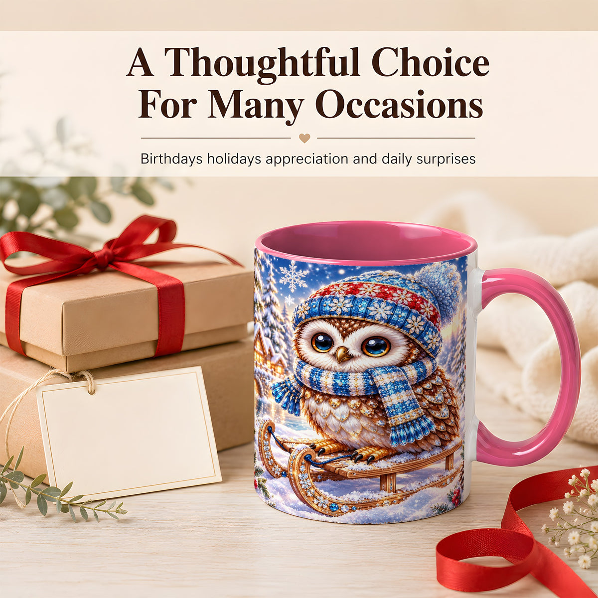 #pl[11oz|Pink] Ornate Winter Owl Coffee Mug, Snowy Sled Owl Mug, Ceramic Cup