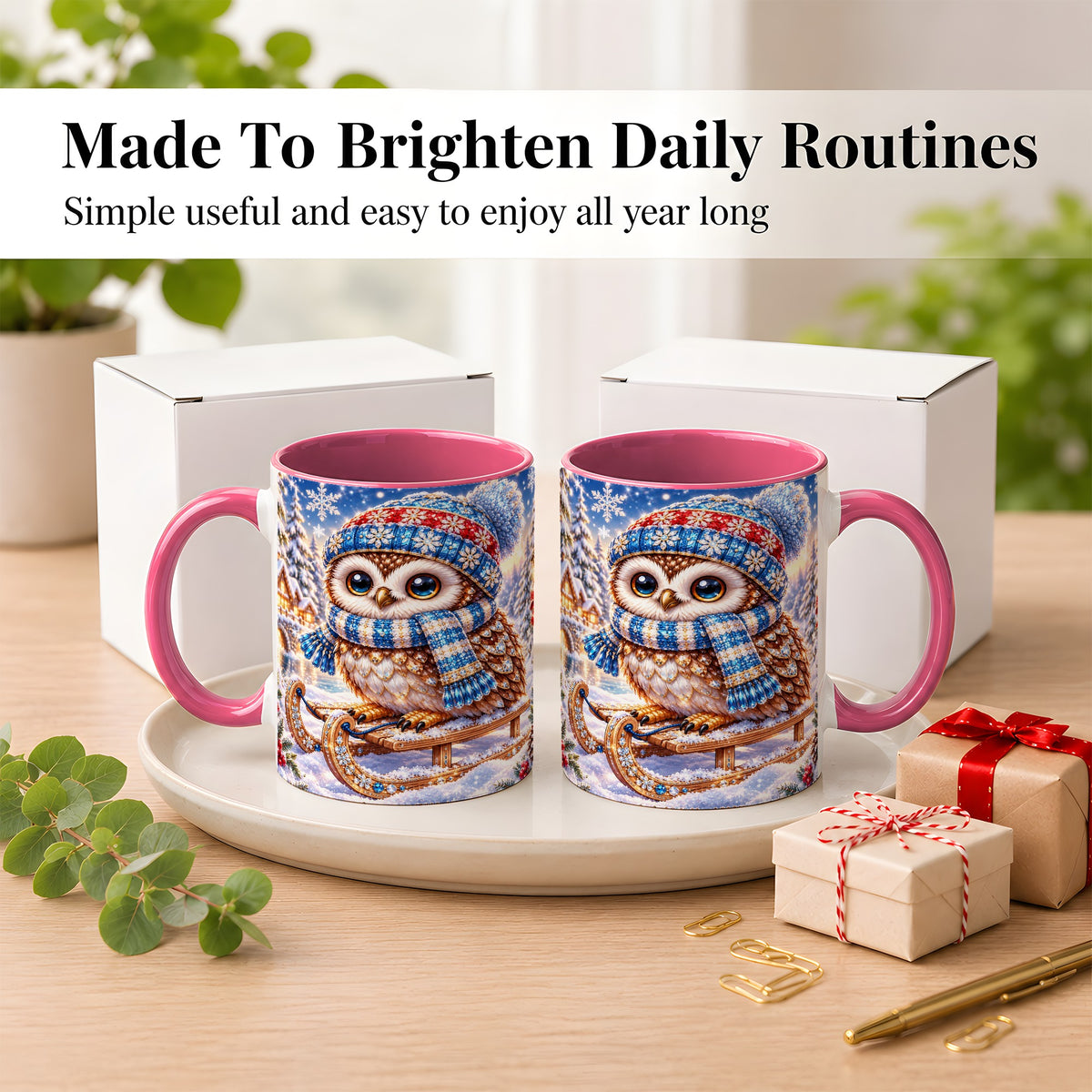#pl[11oz|Pink] Ornate Winter Owl Coffee Mug, Snowy Sled Owl Mug, Ceramic Cup