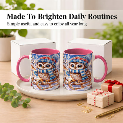 #pl[11oz|Pink] Ornate Winter Owl Coffee Mug, Snowy Sled Owl Mug, Ceramic Cup