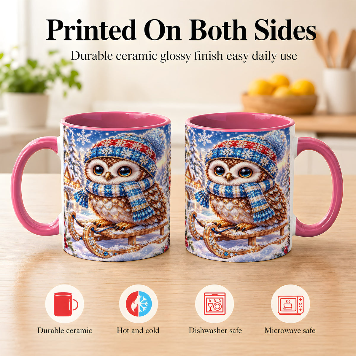 #pl[11oz|Pink] Ornate Winter Owl Coffee Mug, Snowy Sled Owl Mug, Ceramic Cup
