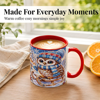 #pl[11oz|Red] Ornate Winter Owl Coffee Mug, Snowy Sled Owl Mug, Ceramic Cup