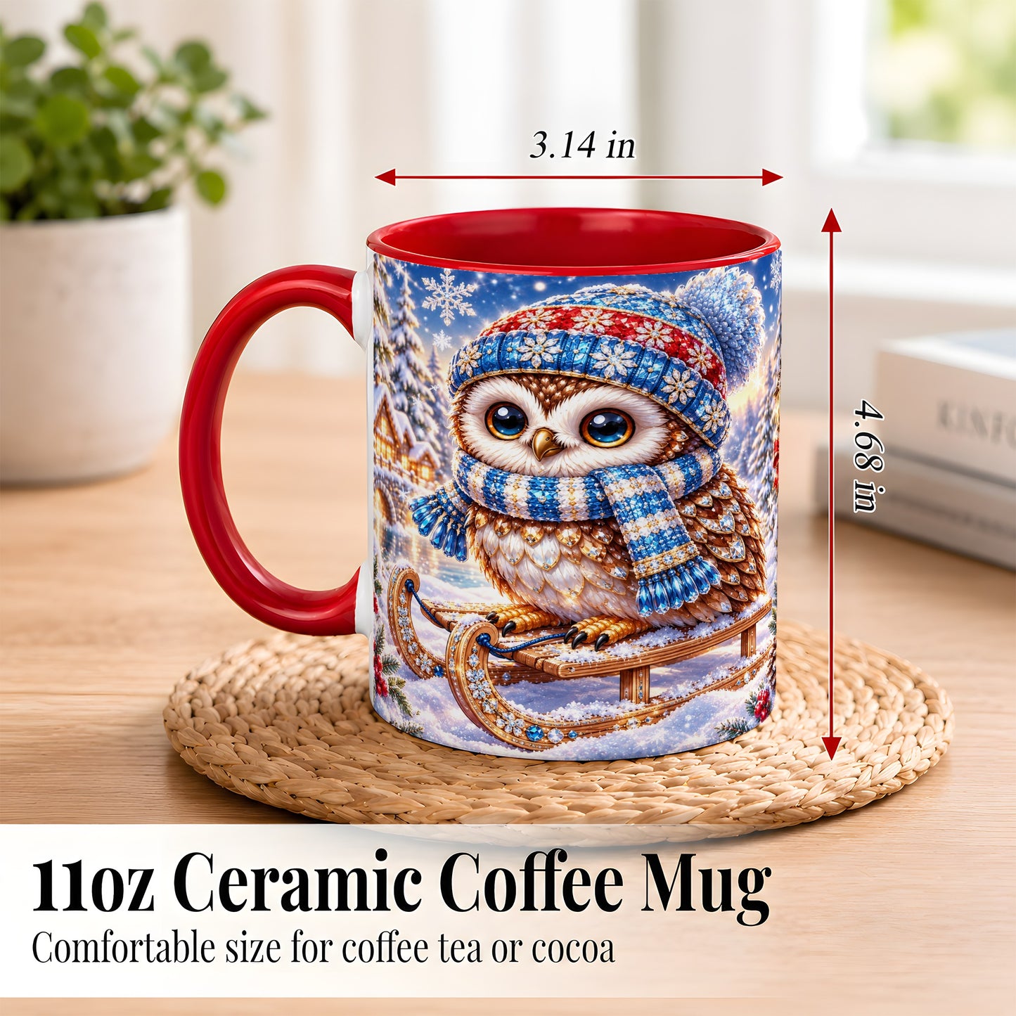 #pl[11oz|Red] Ornate Winter Owl Coffee Mug, Snowy Sled Owl Mug, Ceramic Cup
