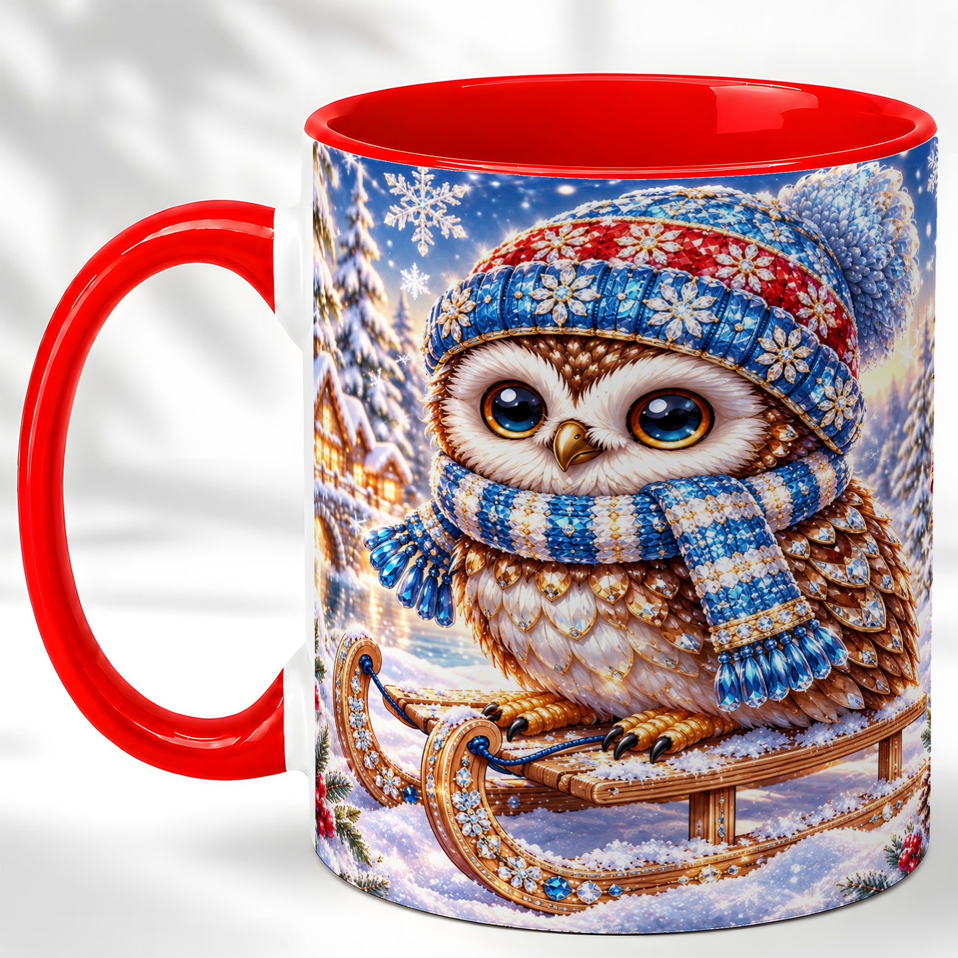 Ornate Winter Owl Coffee Mug, Snowy Sled Owl Mug, Ceramic Cup