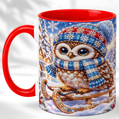 Ornate Winter Owl Coffee Mug, Snowy Sled Owl Mug, Ceramic Cup