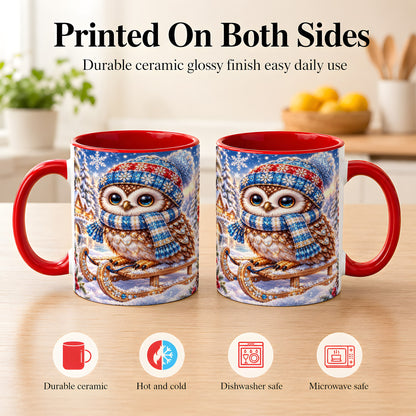 #pl[11oz|Red] Ornate Winter Owl Coffee Mug, Snowy Sled Owl Mug, Ceramic Cup