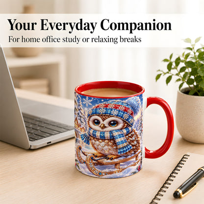 #pl[11oz|Red] Ornate Winter Owl Coffee Mug, Snowy Sled Owl Mug, Ceramic Cup