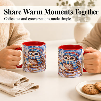 #pl[11oz|Red] Ornate Winter Owl Coffee Mug, Snowy Sled Owl Mug, Ceramic Cup