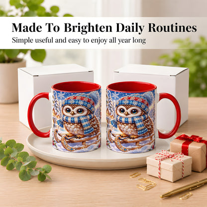 #pl[11oz|Red] Ornate Winter Owl Coffee Mug, Snowy Sled Owl Mug, Ceramic Cup