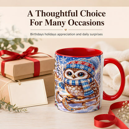 #pl[11oz|Red] Ornate Winter Owl Coffee Mug, Snowy Sled Owl Mug, Ceramic Cup
