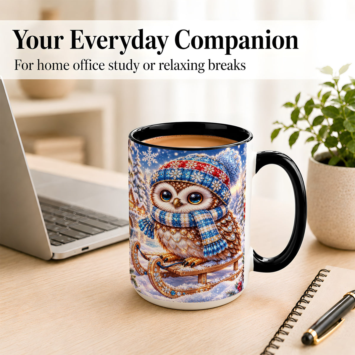 #pl[15oz|Black] Ornate Winter Owl Coffee Mug, Snowy Sled Owl Mug, Ceramic Cup