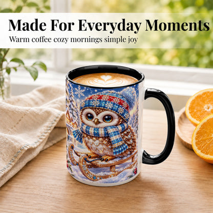 #pl[15oz|Black] Ornate Winter Owl Coffee Mug, Snowy Sled Owl Mug, Ceramic Cup