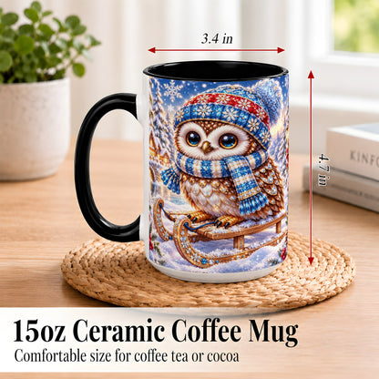 #pl[15oz|Black] Ornate Winter Owl Coffee Mug, Snowy Sled Owl Mug, Ceramic Cup
