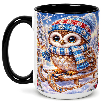 #pl[15oz|Black] Ornate Winter Owl Coffee Mug, Snowy Sled Owl Mug, Ceramic Cup